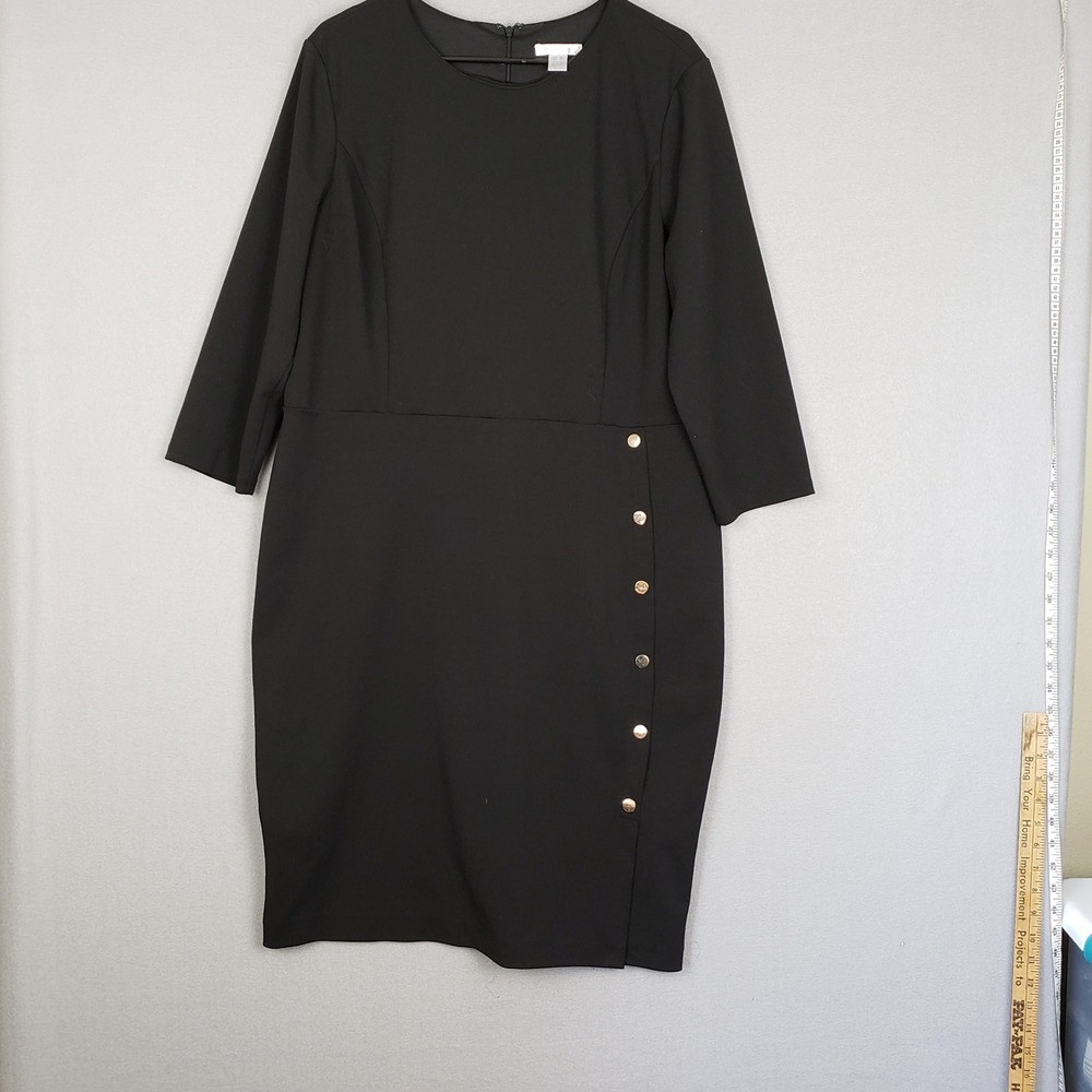 London Times Size 18 Button‎ Front Midi Dress Black Short Sleeve Modest Office